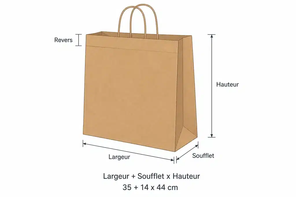 Schéma d'un sac en papier kraft avec les trois mesures largeur, soufflet et hauteur, et le revers en haut du sac