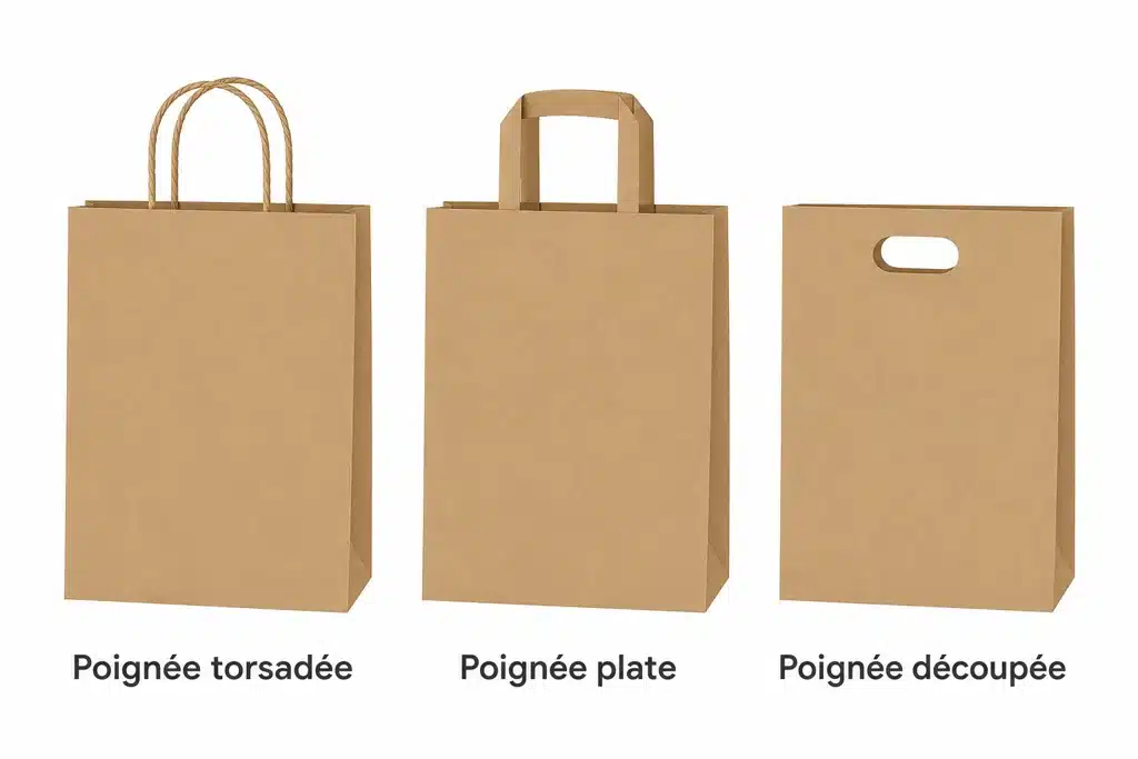 Trois sacs en papier kraft côte à côte : poignée torsadée, poignée plate et poignée découpée